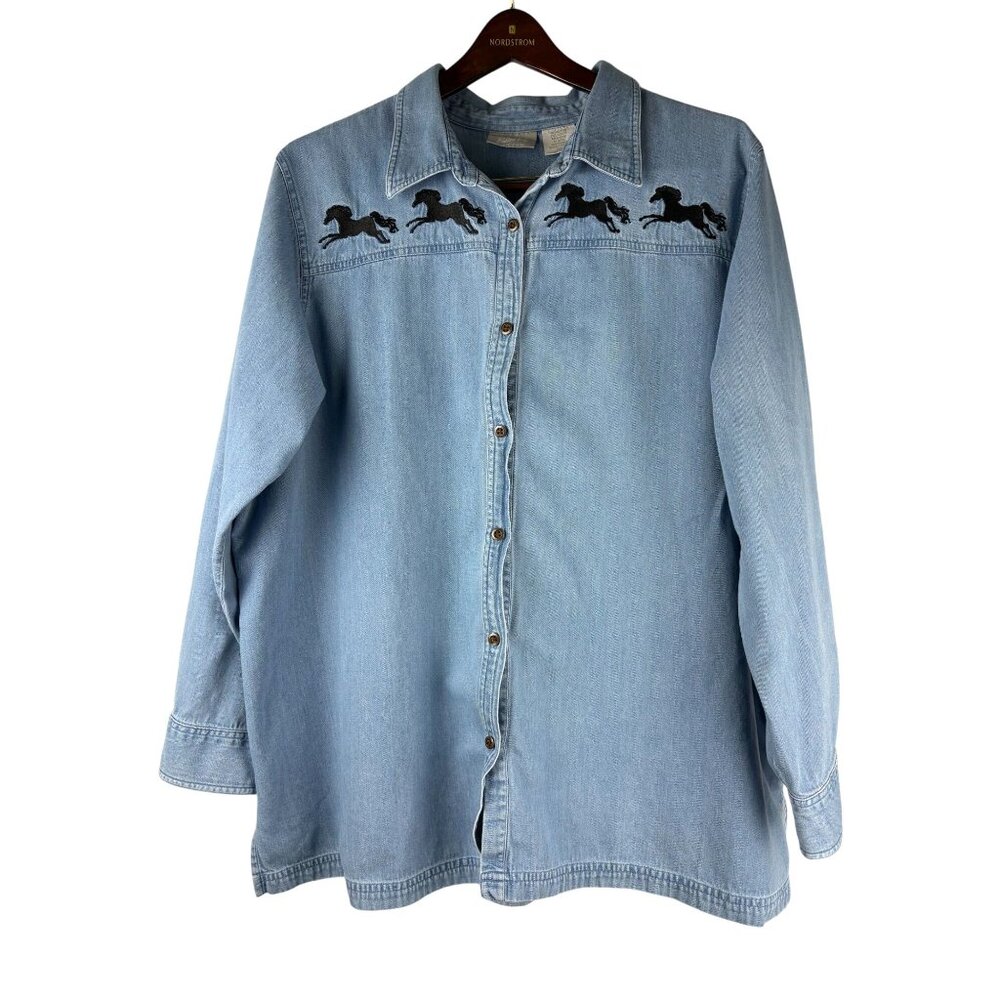VTG Western Denim Button-Up Long Sleeve Shirt,Embroidered Black Horses, Women 3X